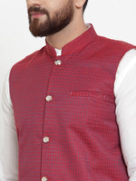 Thumbnail for Jompers Men's Solid Cotton Kurta Pajama with Woven Jacquard Waistcoat (Maroon) - Distacart