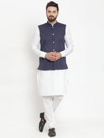 Thumbnail for Jompers Men's Solid Cotton Kurta Pajama with Woven Jacquard Waistcoat (Navy) - Distacart