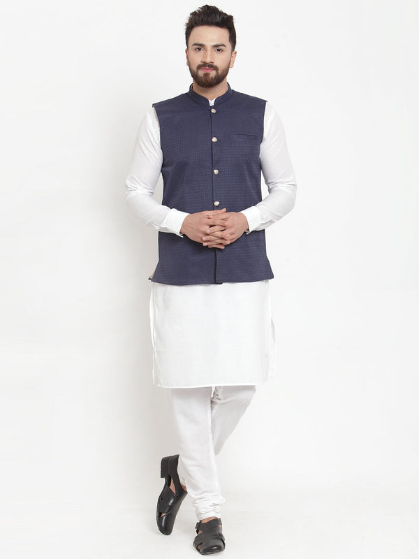 Jompers Men's Solid Cotton Kurta Pajama with Woven Jacquard Waistcoat (Navy) - Distacart