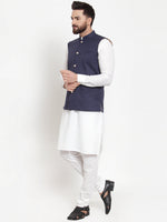Thumbnail for Jompers Men's Solid Cotton Kurta Pajama with Woven Jacquard Waistcoat (Navy) - Distacart