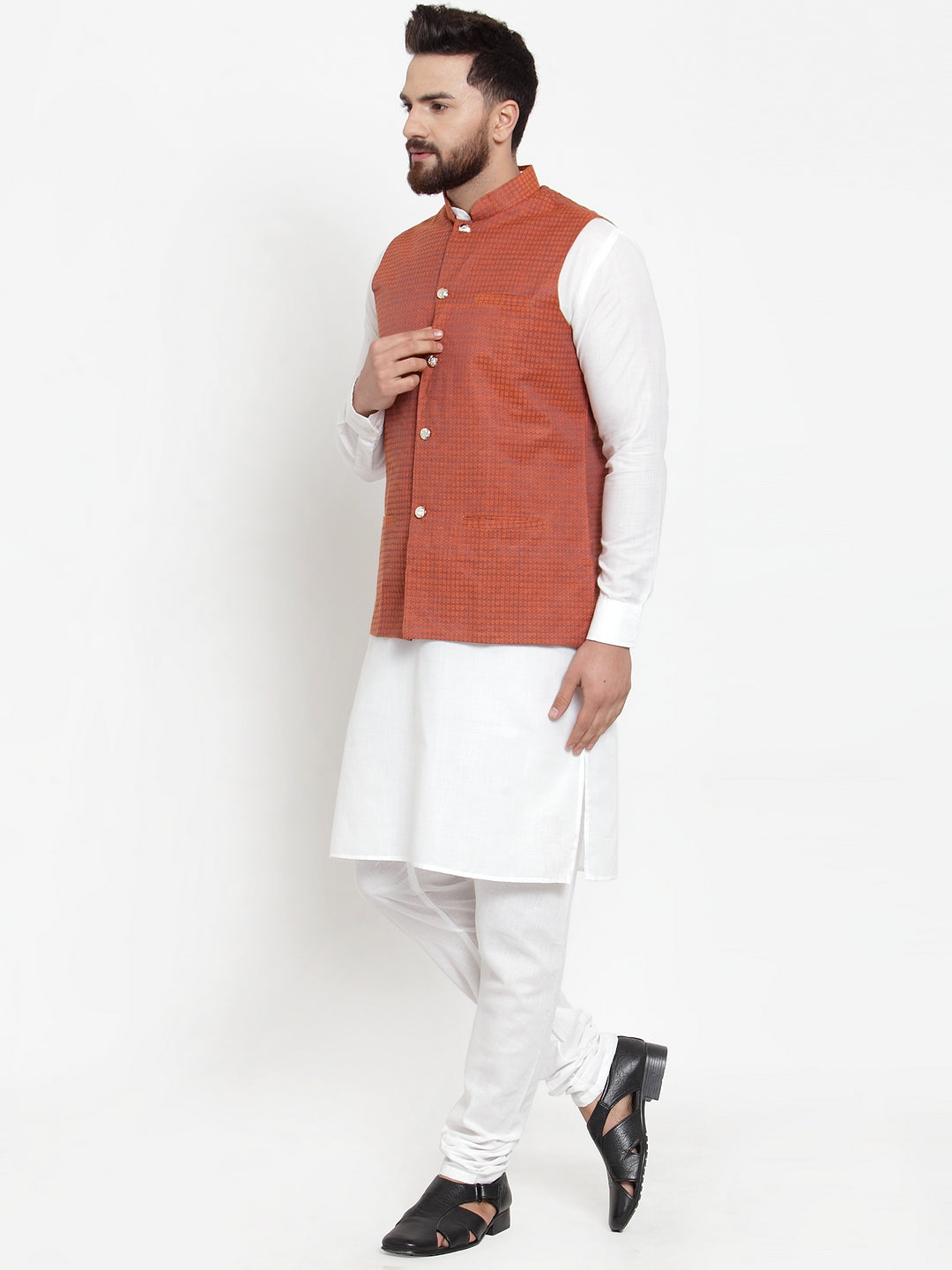 Jompers Men's Solid Cotton Kurta Pajama with Woven Jacquard Waistcoat (Red) - Distacart