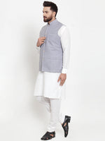 Thumbnail for Jompers Men's Solid Cotton Kurta Pajama with Woven Jacquard Waistcoat (Steel-Blue) - Distacart