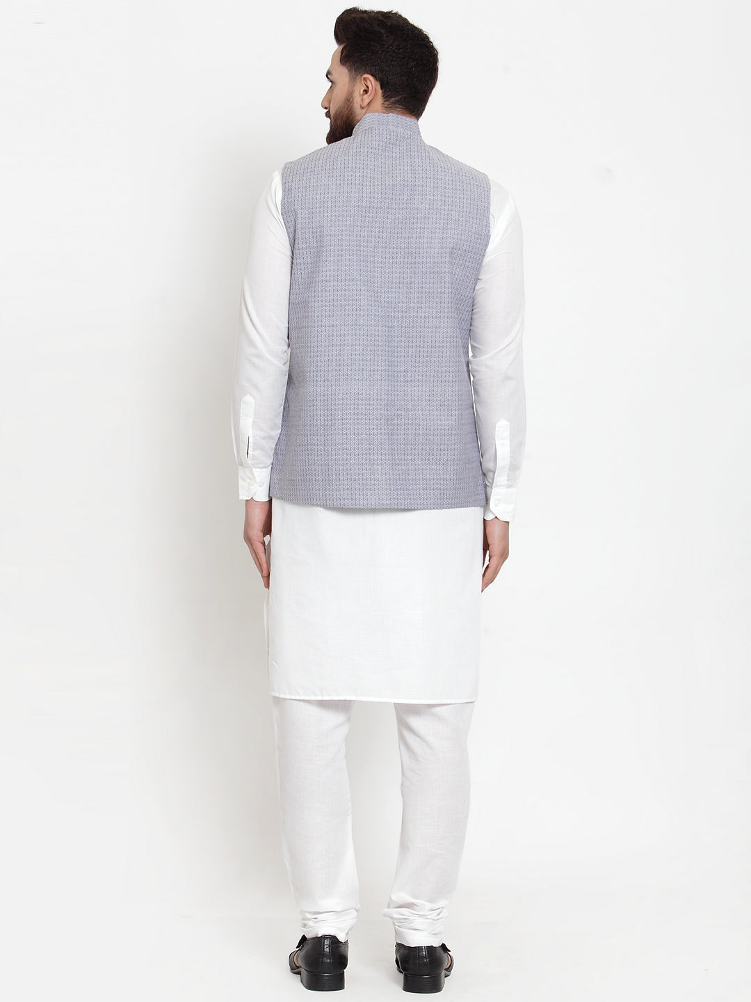 Jompers Men's Solid Cotton Kurta Pajama with Woven Jacquard Waistcoat (Steel-Blue) - Distacart