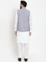 Thumbnail for Jompers Men's Solid Cotton Kurta Pajama with Woven Jacquard Waistcoat (Steel-Blue) - Distacart