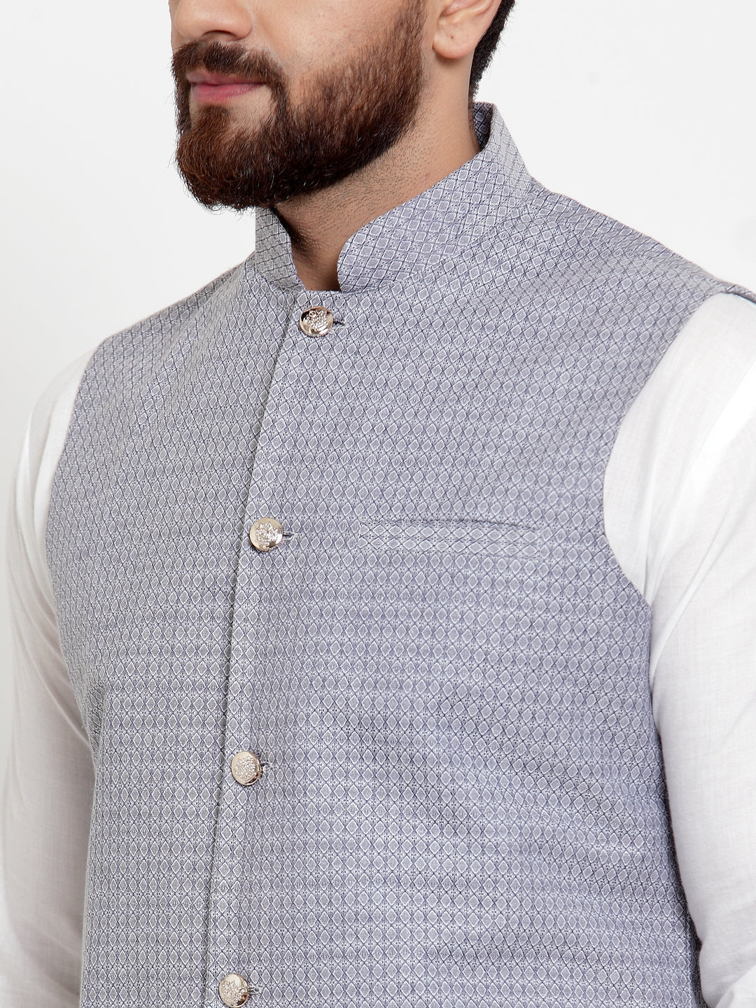 Jompers Men's Solid Cotton Kurta Pajama with Woven Jacquard Waistcoat (Steel-Blue) - Distacart