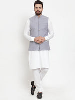 Thumbnail for Jompers Men's Solid Cotton Kurta Pajama with Woven Jacquard Waistcoat (Steel-Blue) - Distacart