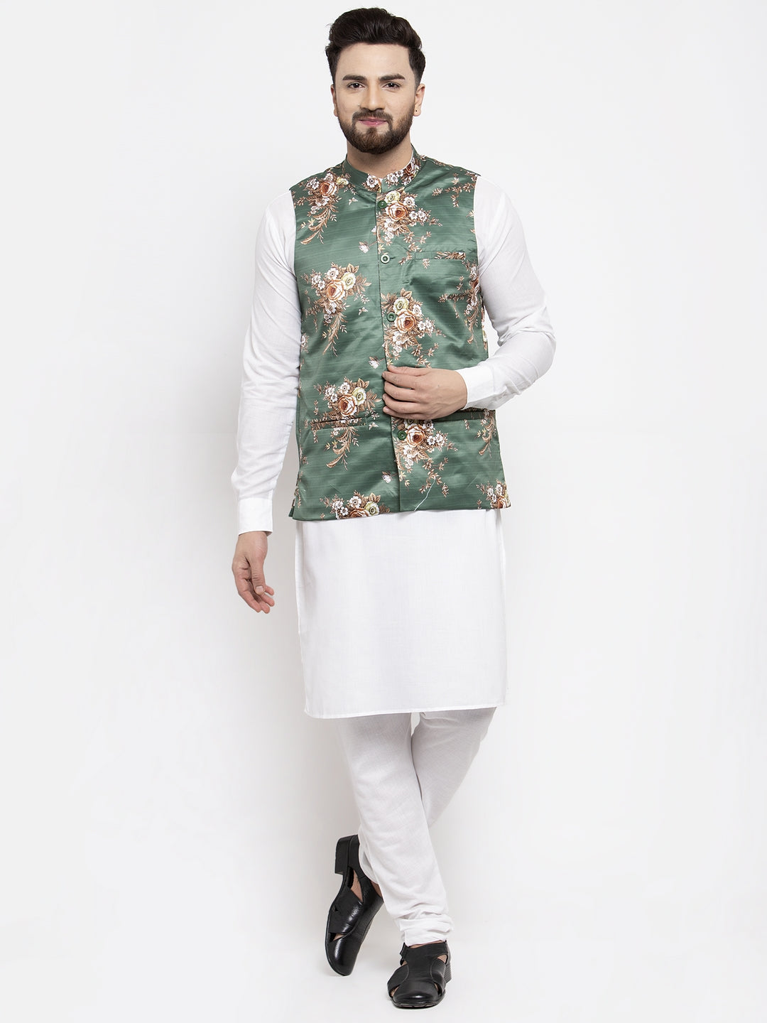 Jompers Men's Solid Cotton Kurta Pajama with Printed Waistcoat (Green-W) - Distacart