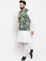 Thumbnail for Jompers Men's Solid Cotton Kurta Pajama with Printed Waistcoat (Green-W) - Distacart