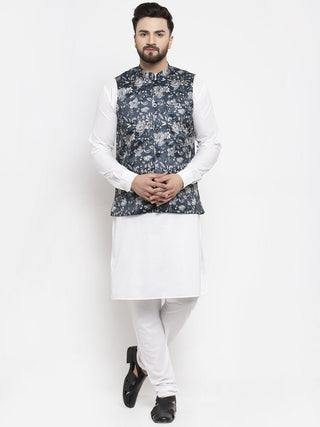 Jompers Men's Solid Cotton Kurta Pajama with Printed Waistcoat (Navy-W) - Distacart