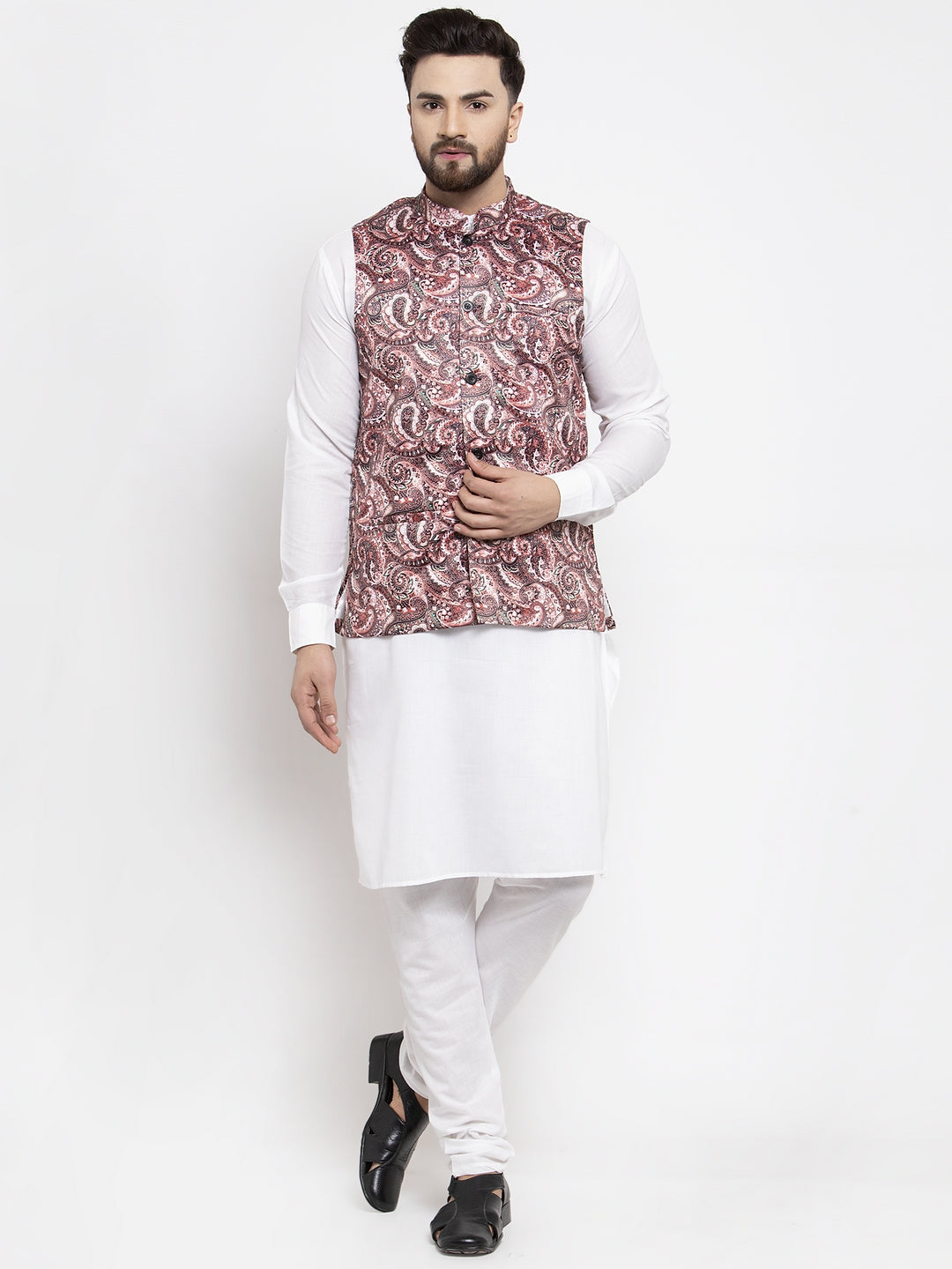 Jompers Men's Solid Cotton Kurta Pajama with Printed Waistcoat (Pink-W) - Distacart