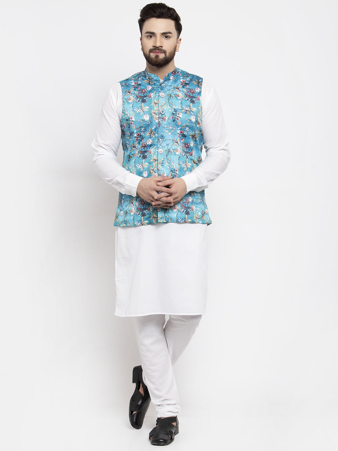 Jompers Men's Solid Cotton Kurta Pajama with Printed Waistcoat (Sky-W) - Distacart