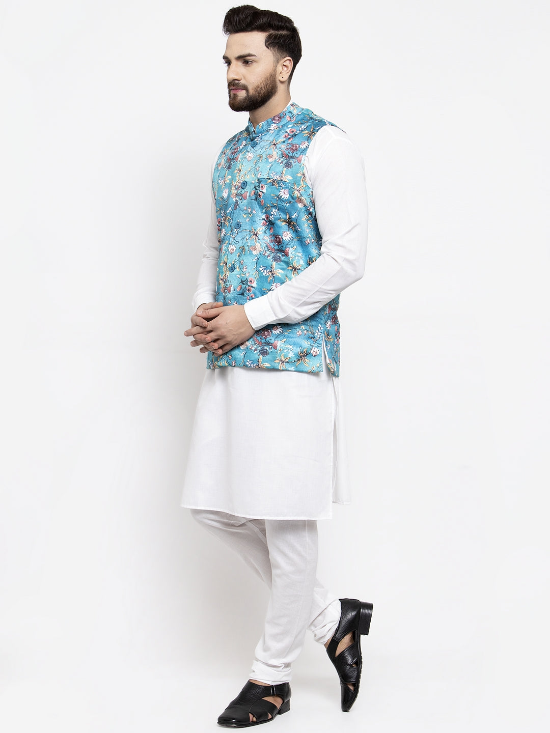 Jompers Men's Solid Cotton Kurta Pajama with Printed Waistcoat (Sky-W) - Distacart