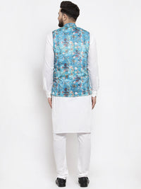 Thumbnail for Jompers Men's Solid Cotton Kurta Pajama with Printed Waistcoat (Sky-W) - Distacart