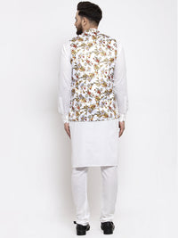 Thumbnail for Jompers Men's Solid Cotton Kurta Pajama with Printed Waistcoat (White-W) - Distacart