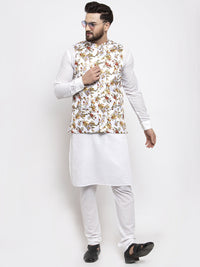 Thumbnail for Jompers Men's Solid Cotton Kurta Pajama with Printed Waistcoat (White-W) - Distacart