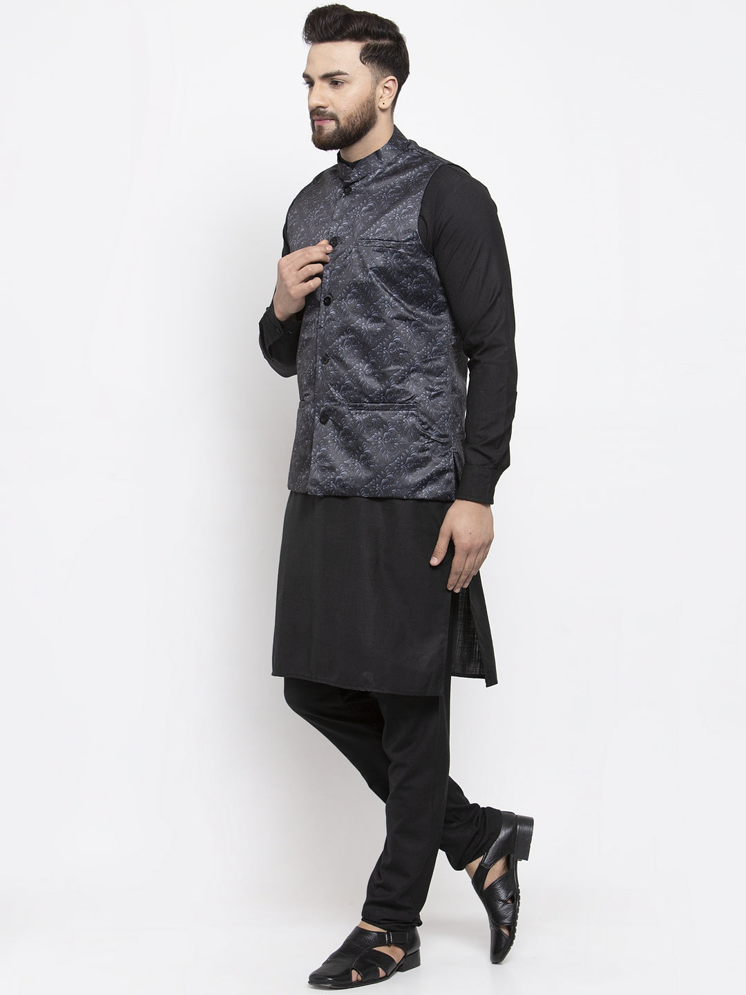Jompers Men's Solid Cotton Kurta Pajama with Printed Waistcoat (Charcoal-B) - Distacart