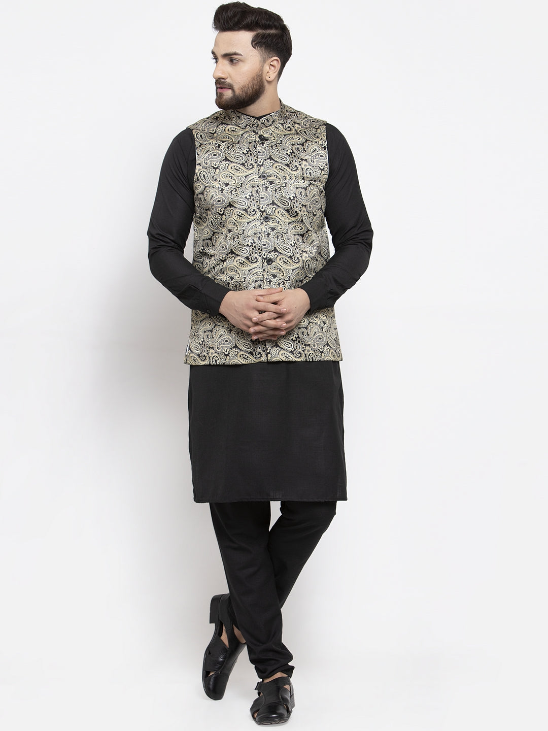 Buy Jompers Men s Solid Cotton Kurta Pajama with Printed Waistcoat