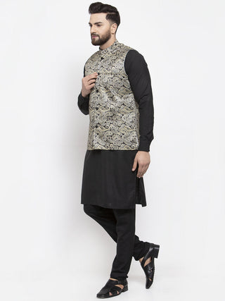 Jompers Men's Solid Cotton Kurta Pajama with Printed Waistcoat (Golden-B) - Distacart