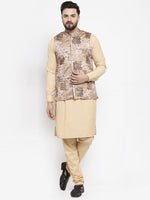 Thumbnail for Jompers Men's Solid Cotton Kurta Pajama with Printed Waistcoat ( Beige-C) - Distacart