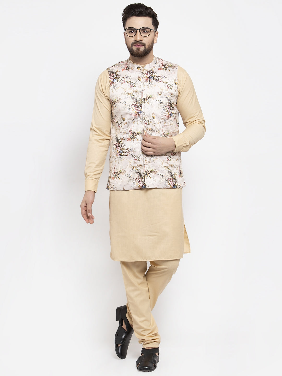 Jompers Men's Solid Cotton Kurta Pajama with Printed Waistcoat (Cream-C) - Distacart