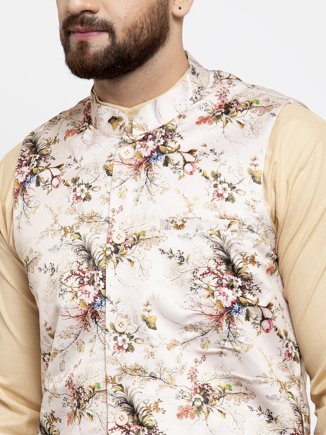 Jompers Men's Solid Cotton Kurta Pajama with Printed Waistcoat (Cream-C) - Distacart