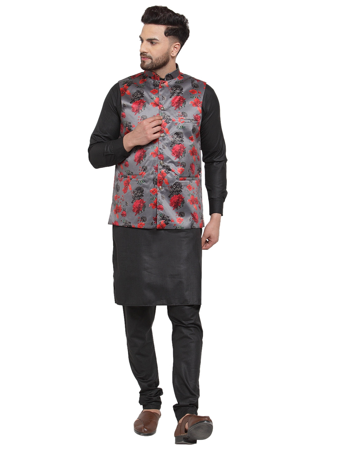 Jompers Men's Solid Cotton Kurta Pajama with Printed Waistcoat (Grey-B ) - Distacart