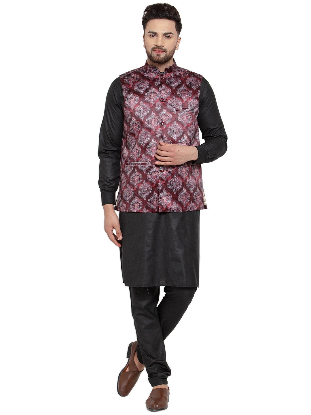 Jompers Men's Solid Cotton Kurta Pajama with Printed Waistcoat (Maroon-B) - Distacart