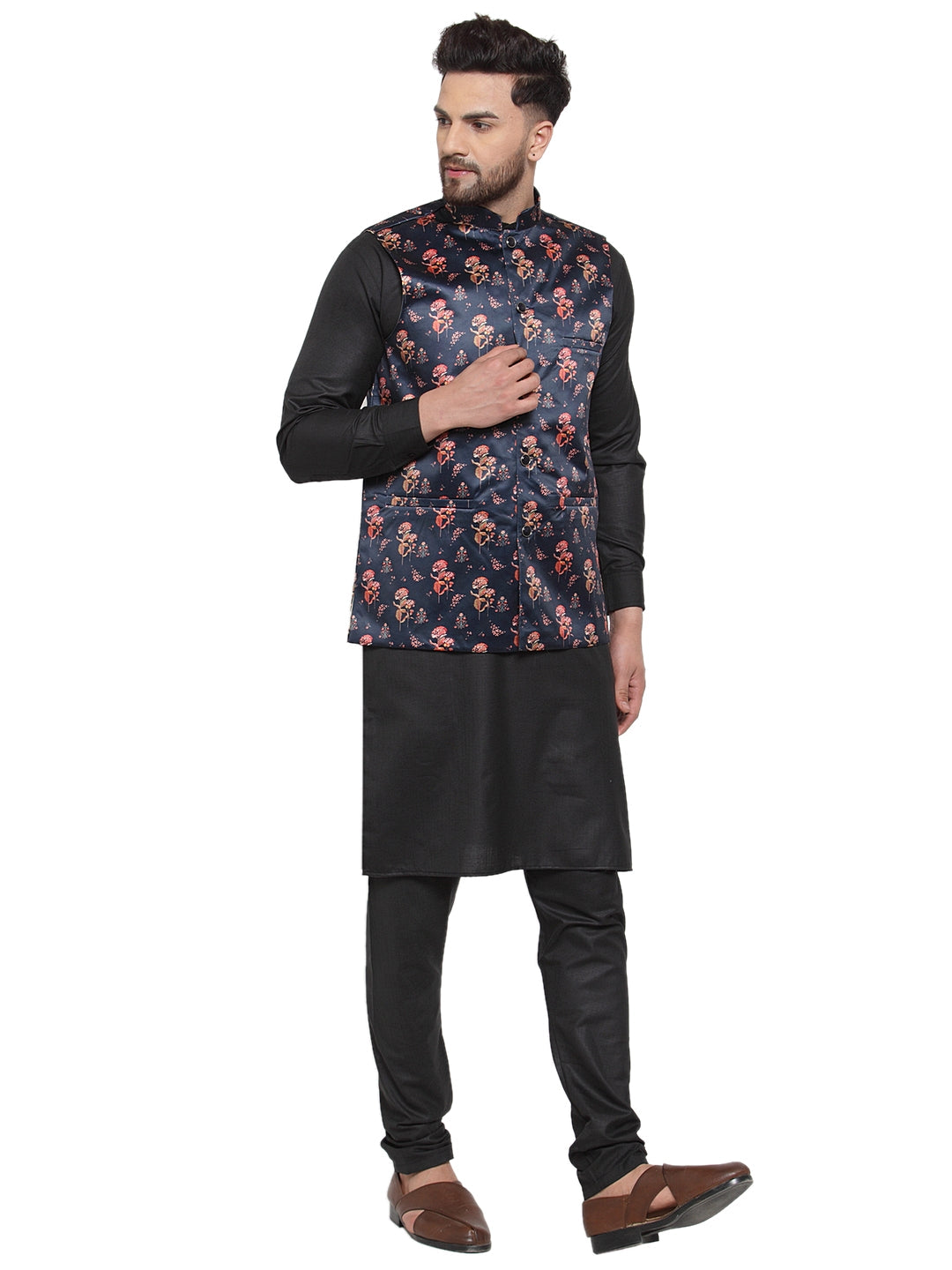 Jompers Men's Solid Cotton Kurta Pajama with Printed Waistcoat (Navy-B) - Distacart