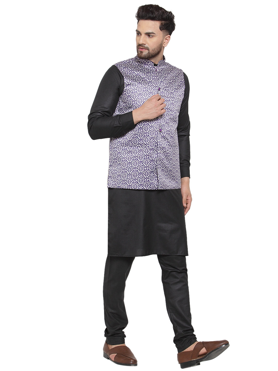 Jompers Men's Solid Cotton Kurta Pajama with Printed Waistcoat (Purple-B) - Distacart