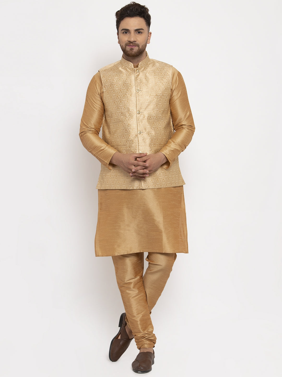 Jompers Men's Solid Dupion Kurta Pajama with Woven Jacqaurd Waistcoat (Golden-G) - Distacart