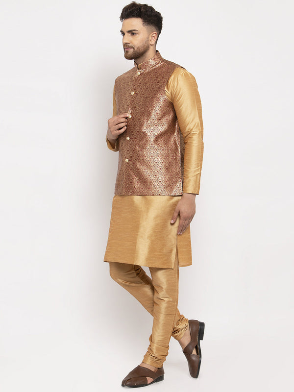 Jompers Men's Solid Dupion Kurta Pajama with Woven Jacqaurd Waistcoat (Maroon-G) - Distacart
