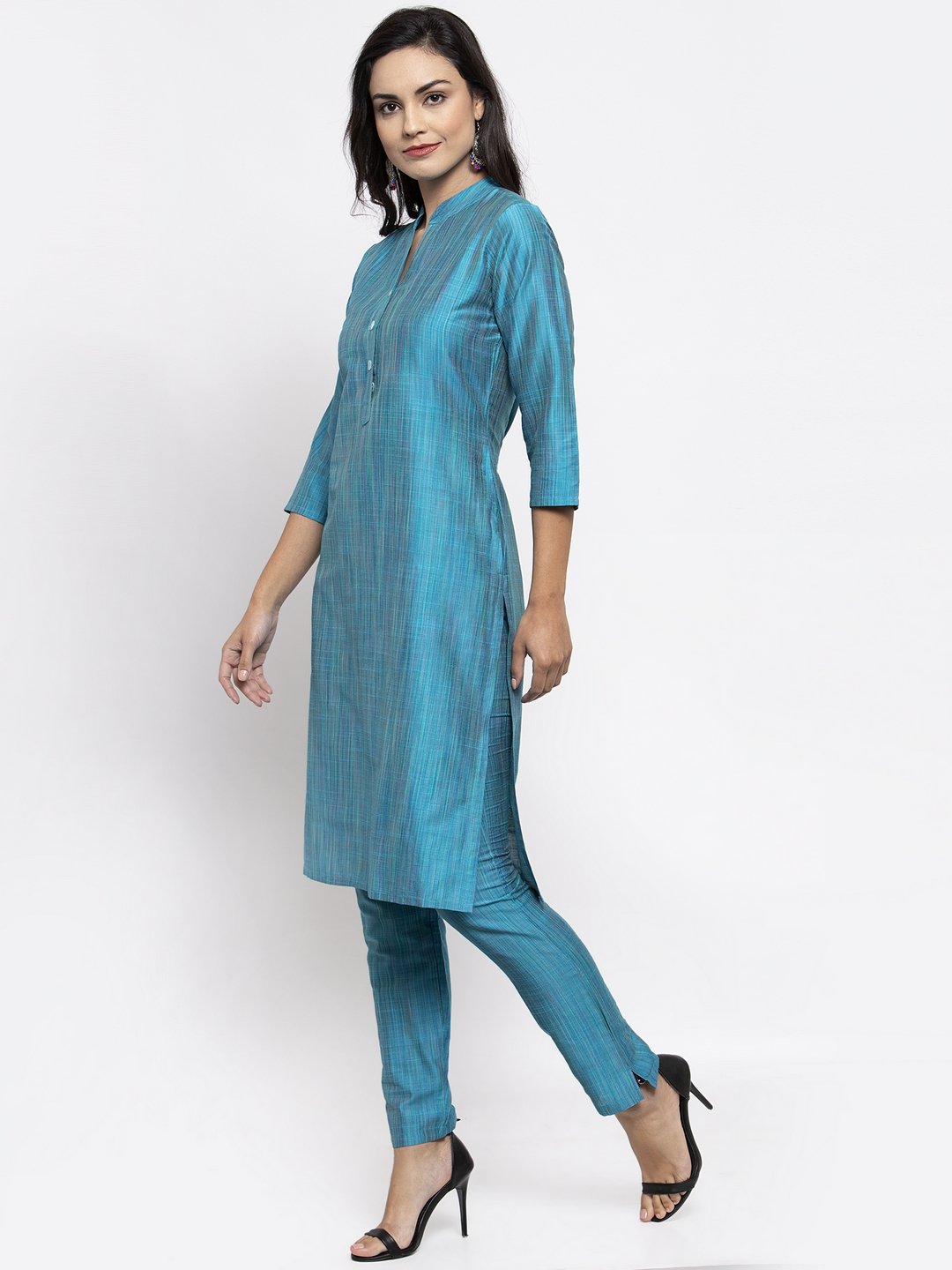 Jompers Women Blue & Green Self-Striped Kurta with Trousers - Distacart