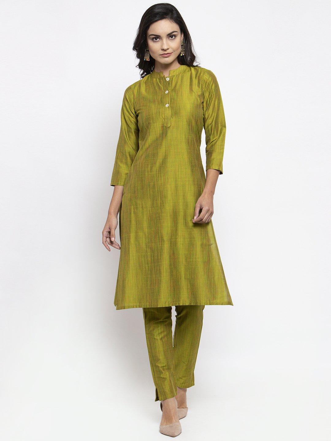Jompers Women Green Self-Striped Kurta with Trousers - Distacart