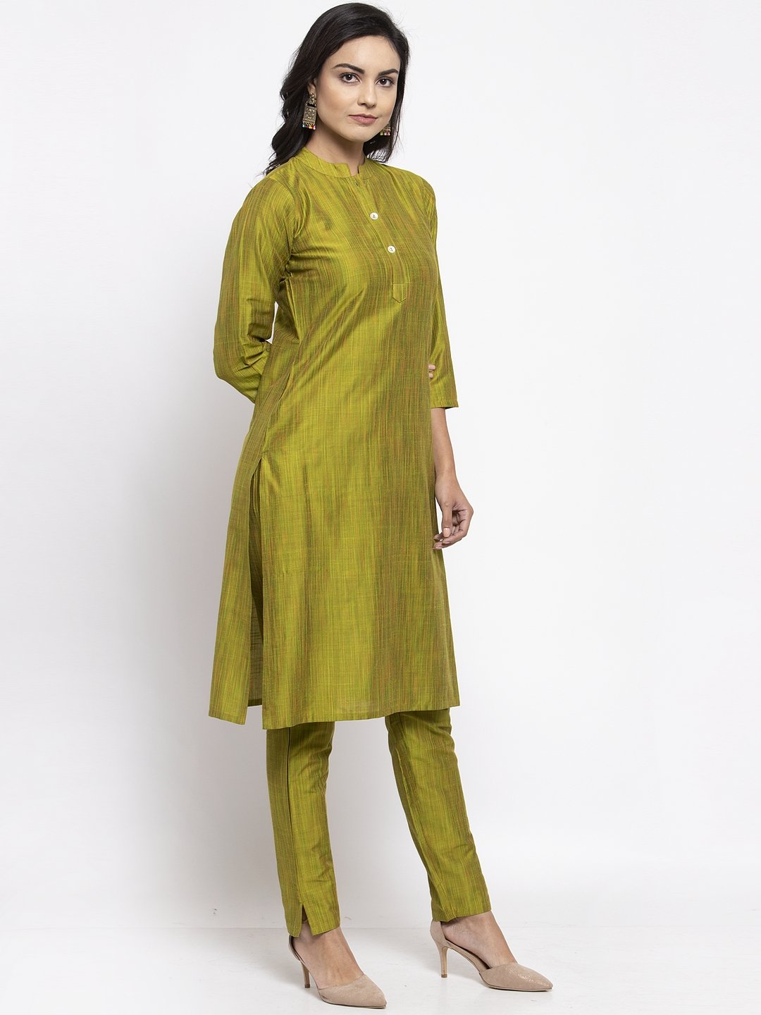 Jompers Women Green Self-Striped Kurta with Trousers - Distacart
