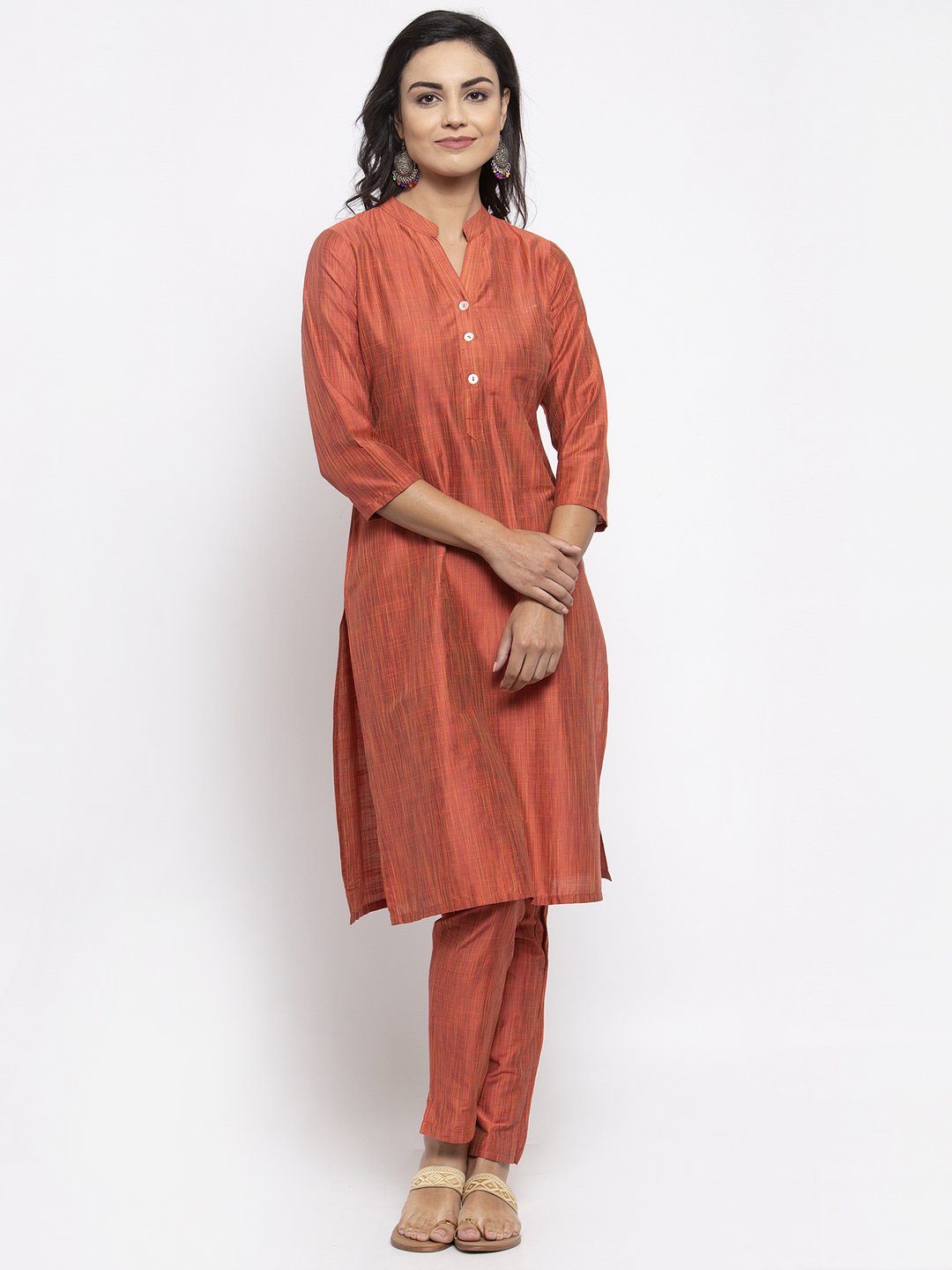 Jompers Women Orange Self-Striped Kurta with Trousers - Distacart