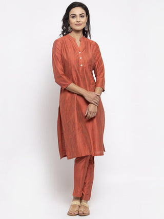 Jompers Women Orange Self-Striped Kurta with Trousers - Distacart