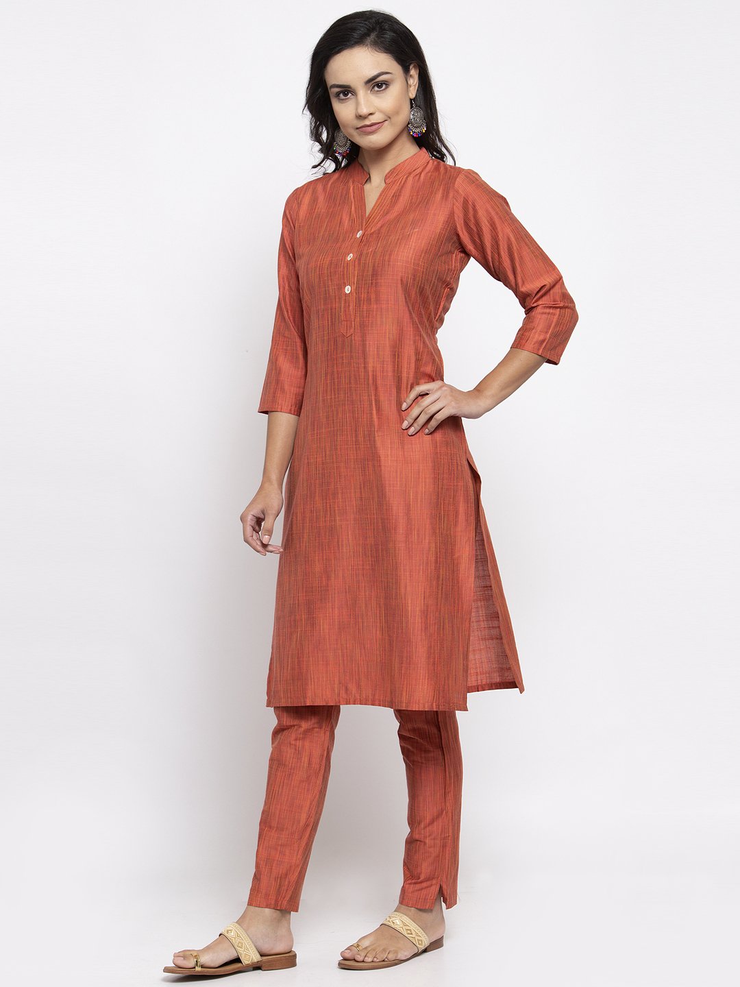 Jompers Women Orange Self-Striped Kurta with Trousers - Distacart