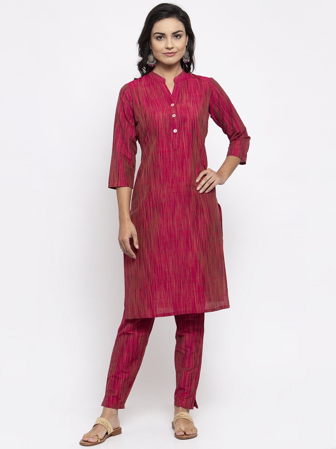 Jompers Women Pink Self-Striped Kurta with Trousers - Distacart