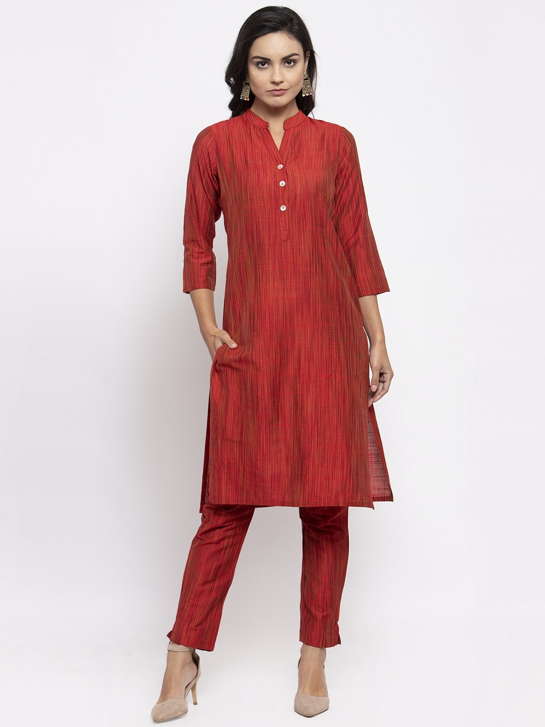 Jompers Women Red Self-Striped Kurta with Trousers - Distacart