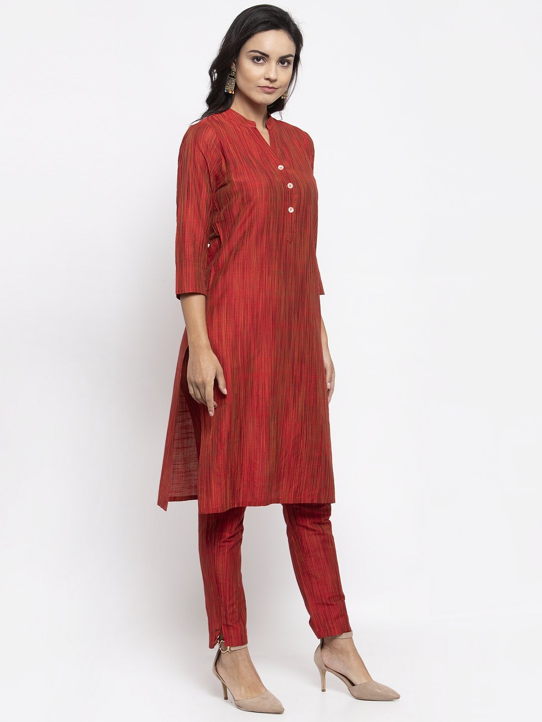 Jompers Women Red Self-Striped Kurta with Trousers - Distacart