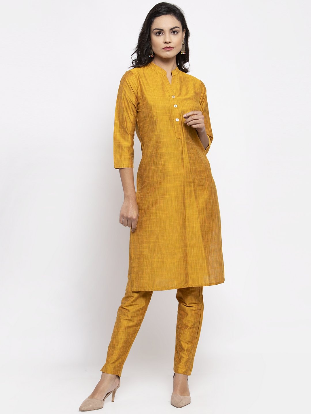 Jompers Women Yellow Self-Striped Kurta with Trousers - Distacart