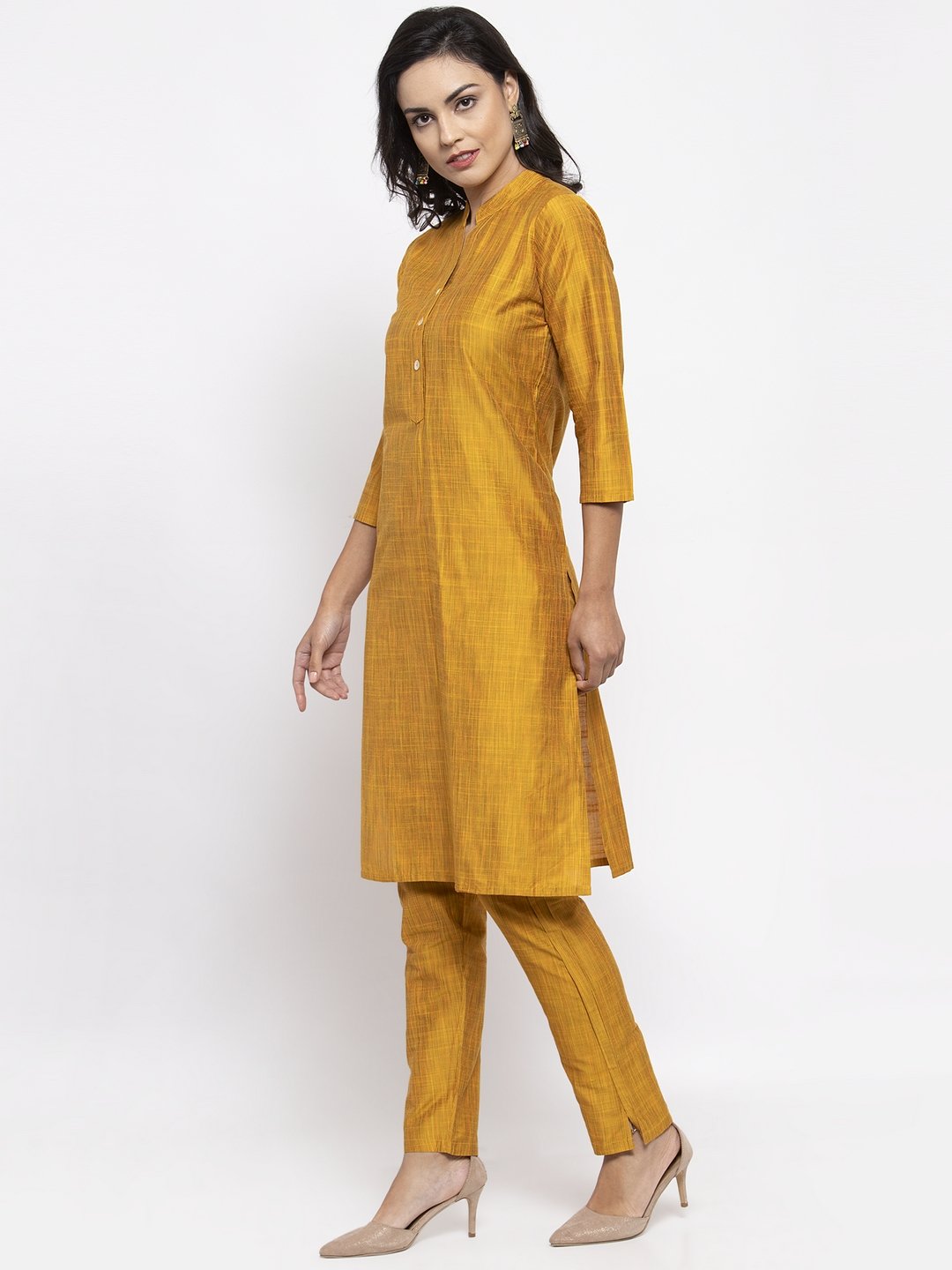 Jompers Women Yellow Self-Striped Kurta with Trousers - Distacart