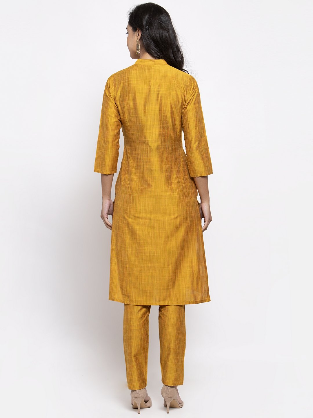 Jompers Women Yellow Self-Striped Kurta with Trousers - Distacart