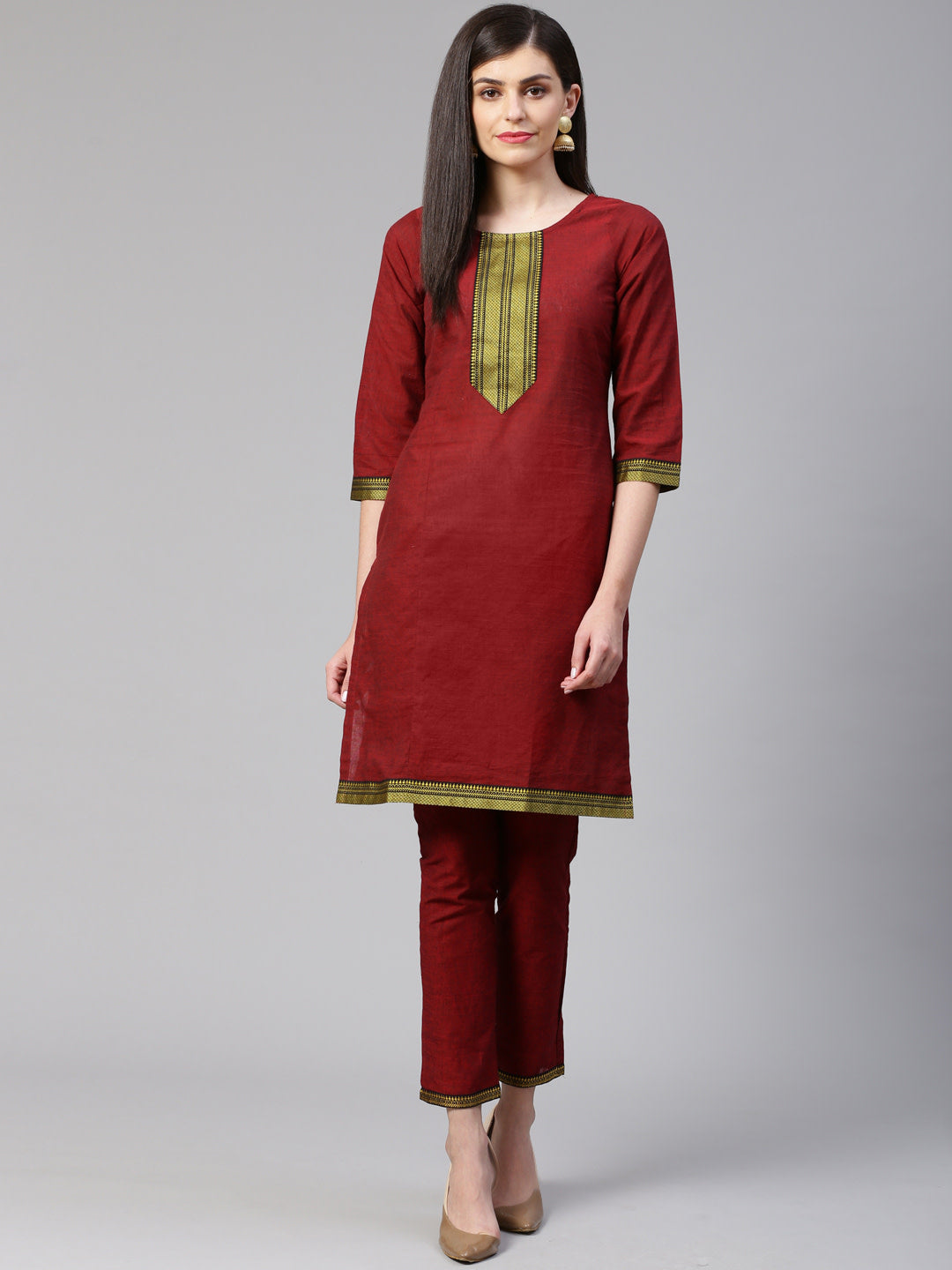 Jompers Women Maroon Yoke Design Kurta with Trousers - Distacart