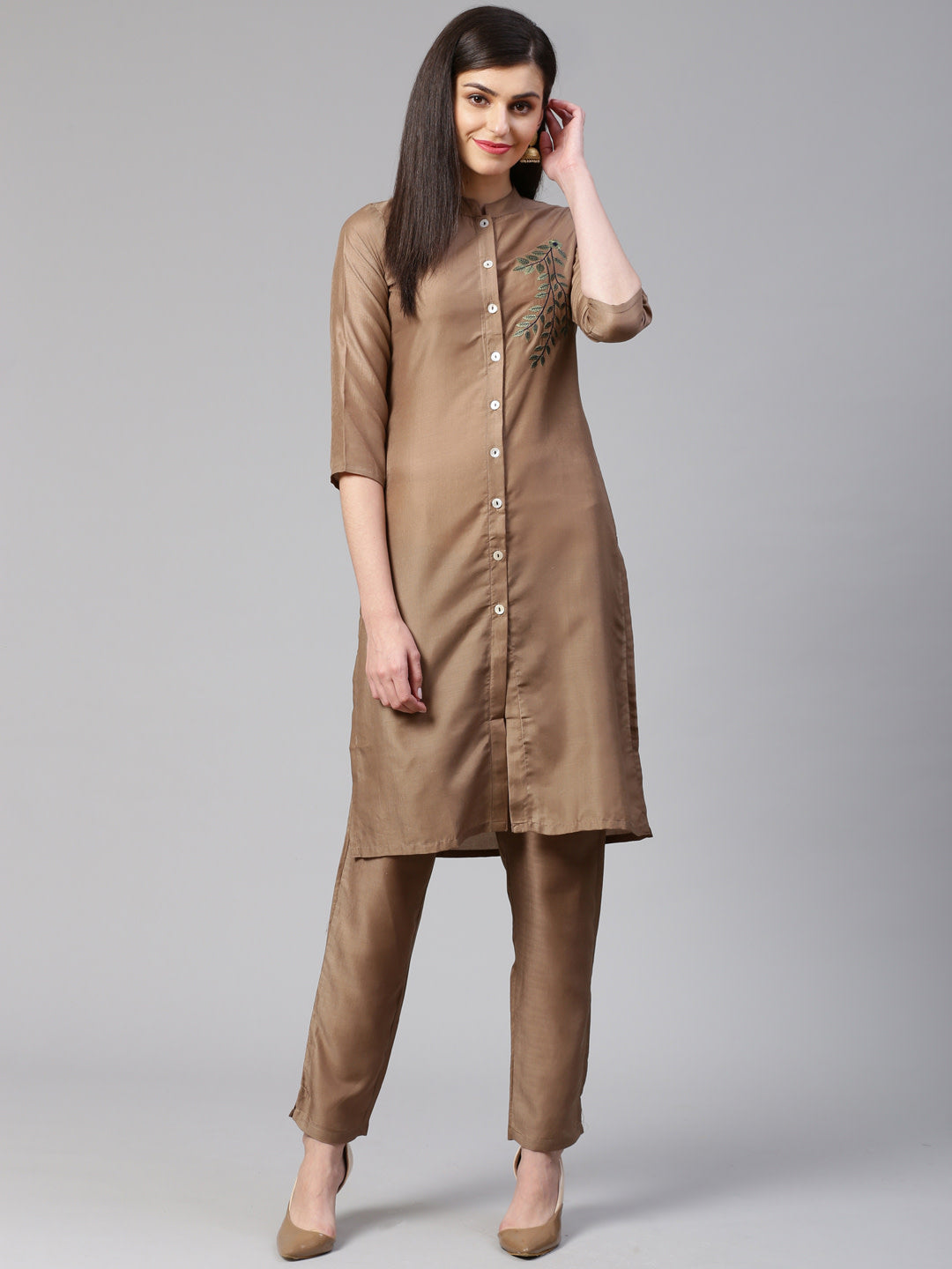 Jompers Women Brown Embroidered Solid Kurta with Trousers - Distacart