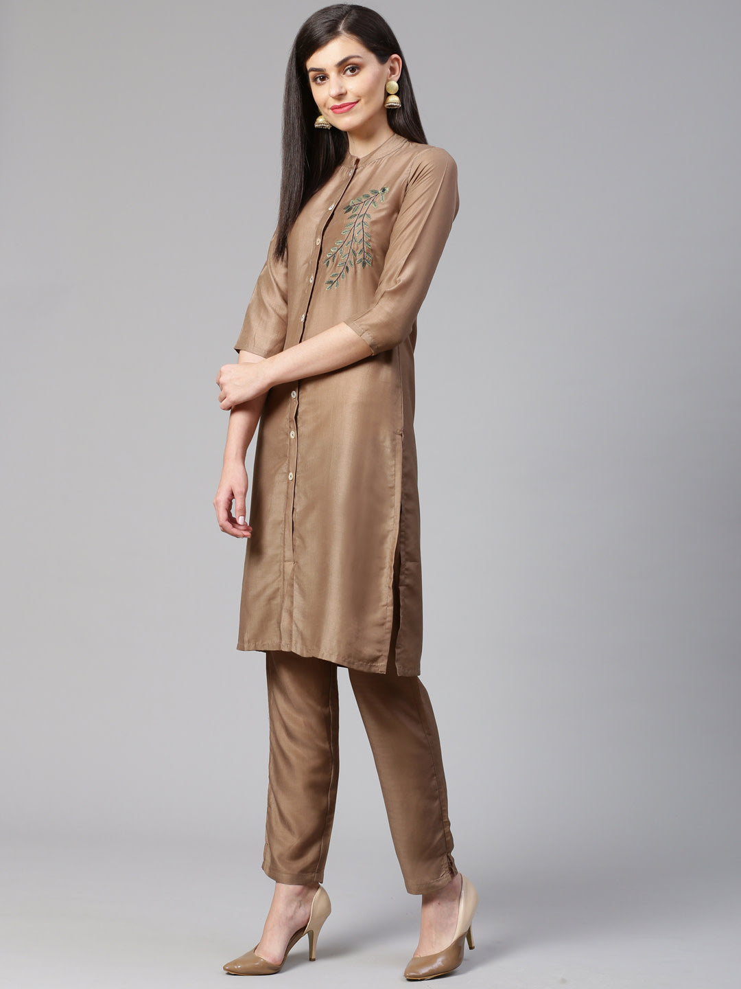 Jompers Women Brown Embroidered Solid Kurta with Trousers - Distacart