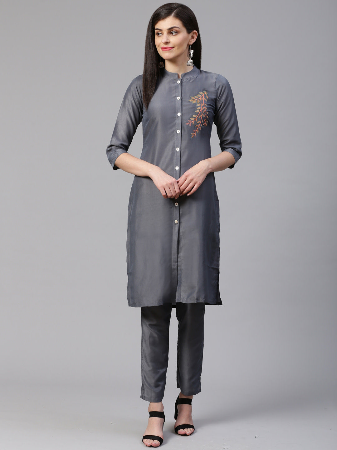 Jompers Women Grey Embroidered Solid Kurta with Trousers - Distacart