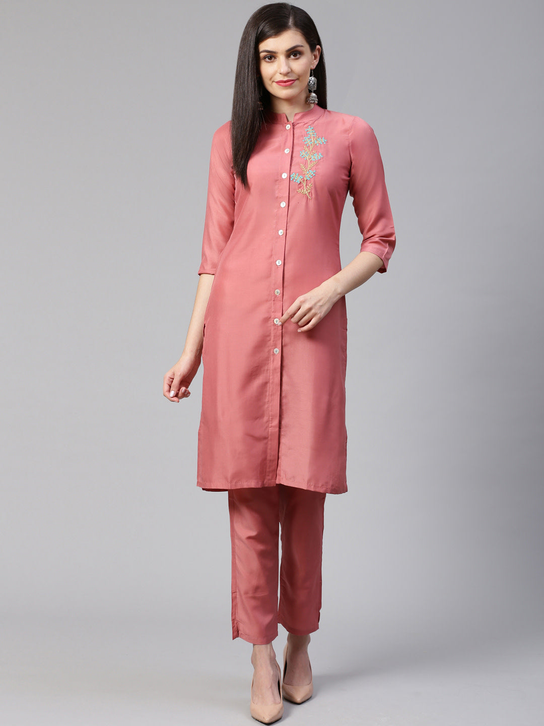Jompers Women Pink Embroidered Solid Kurta with Trousers - Distacart