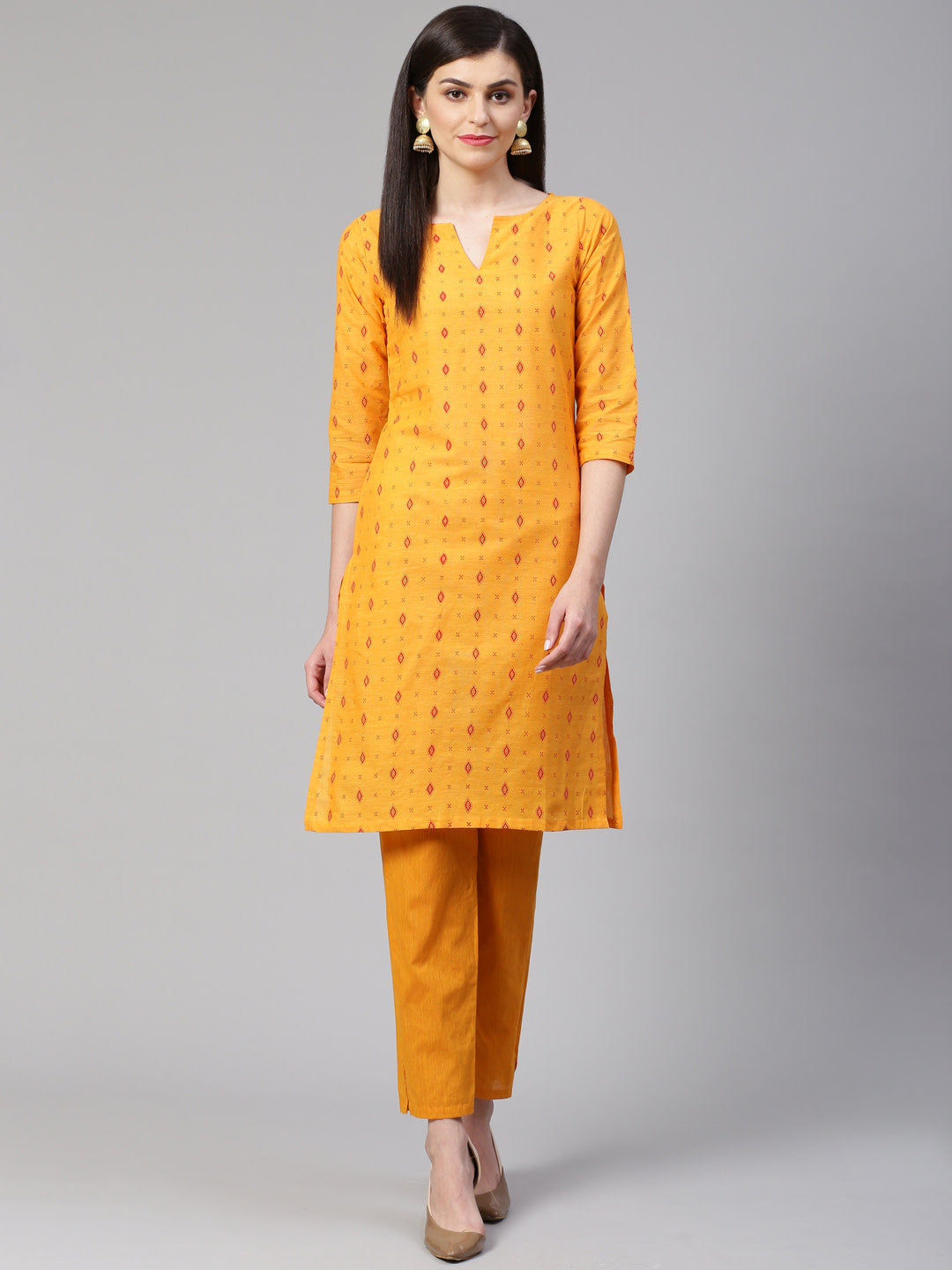 Jompers Women Yellow Printed Kurta with Trousers - Distacart