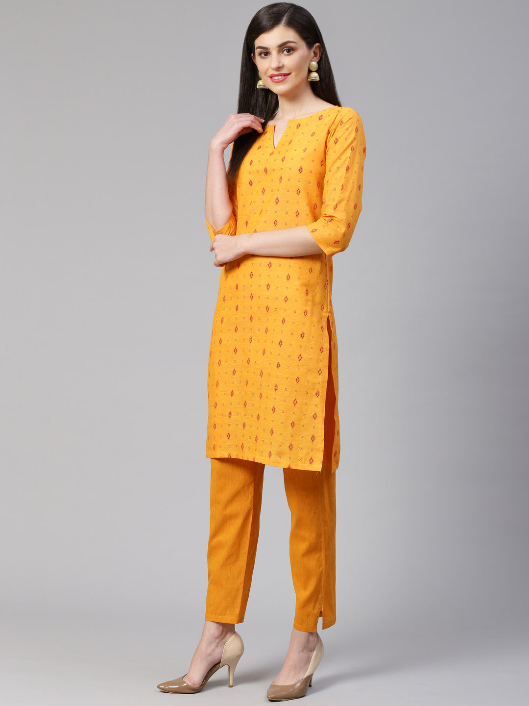 Jompers Women Yellow Printed Kurta with Trousers - Distacart